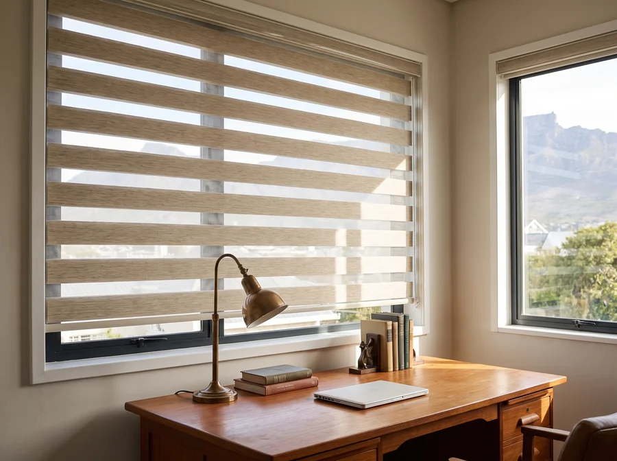 Day and night banded roller blind in a Southern Suburbs home study