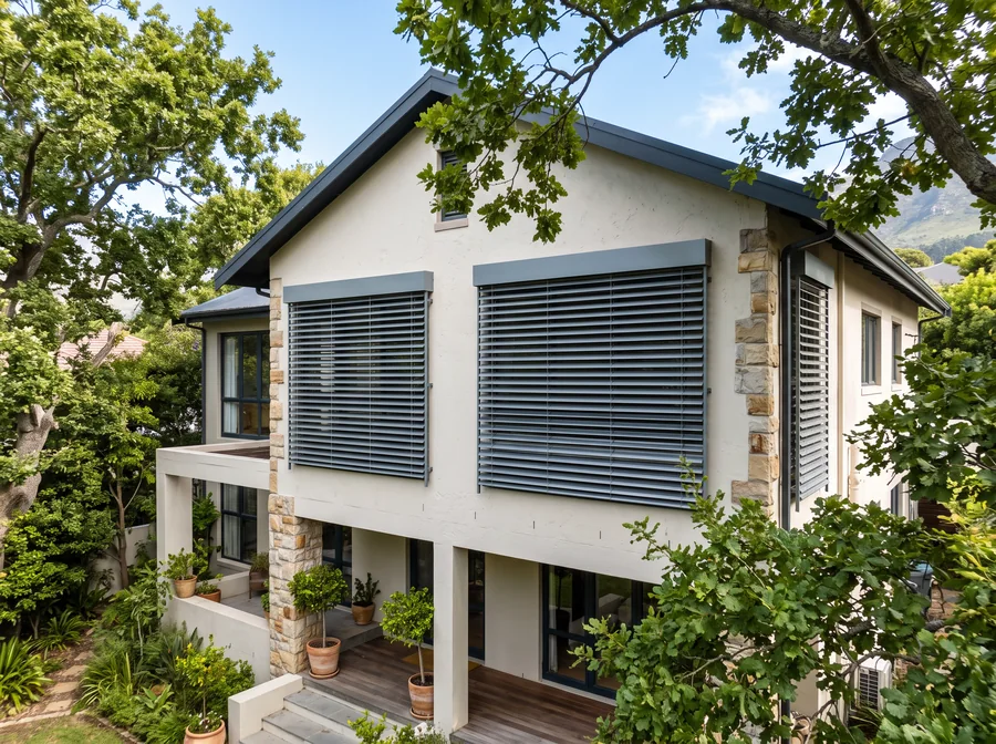 External aluminium venetian blinds on the upper-storey facade of a Southern Suburbs home