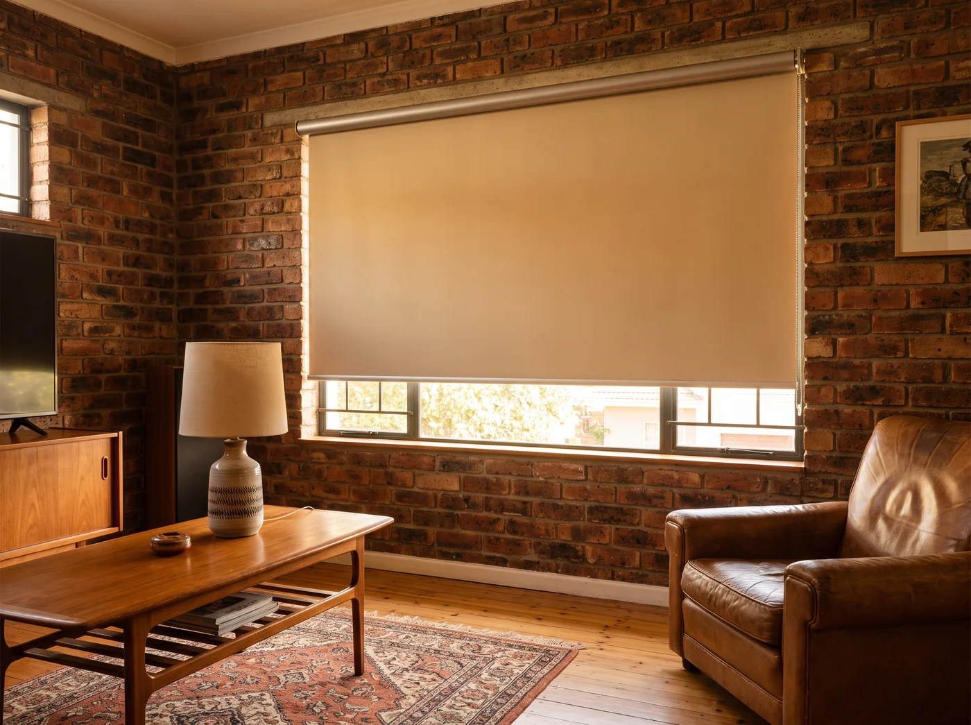Cream blockout roller blind on an exposed tube face-fixed to the face-brick wall above a wide steel-framed window in a mid-century Southern Suburbs lounge, lowered to leave a clear strip of garden below, with a teak coffee table, leather armchair and patterned rug